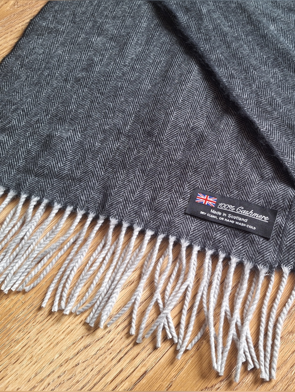 Cashmere Herringbone Charcoal Gray Scarf with Fringe